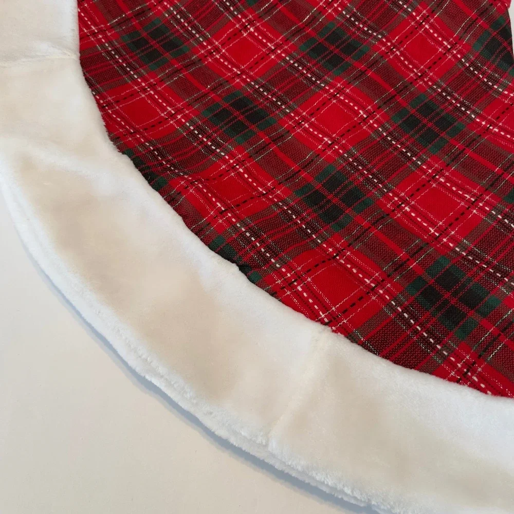 Red‎ Green Plaid Christmas Tree Skirt White Faux Fur Trim Metallic APX 50